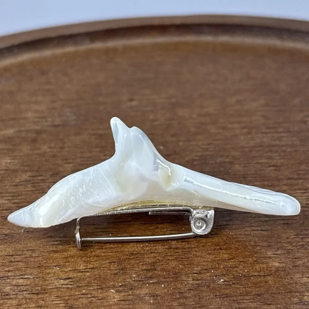 Vintage Signed Bethlehem Carved Mother of Pearl Dove Peace Bird Brooch 1950's